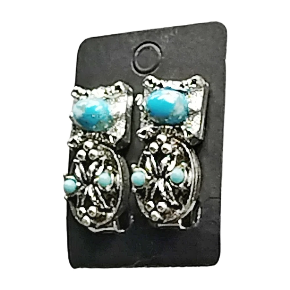 Silver Tone Blue Stone Clip On Earrings Ornate Floral Design 1”